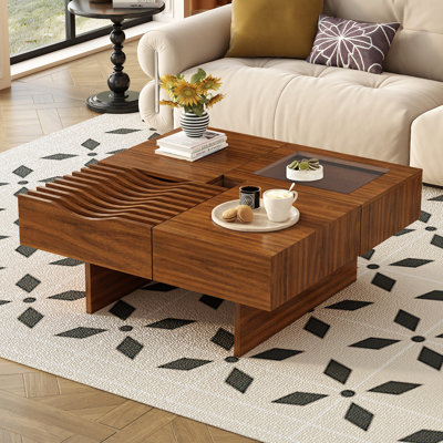 Table basse de 33 po Mid Century Modern, table basse carrée unique en bois avec 3 tiroirs, verre trempé et pieds en bois massif pour le salon