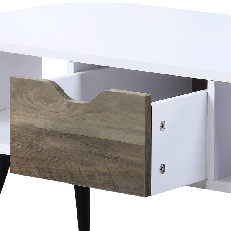 Élégante table basse blanche et noire avec tiroir de rangement et espaces ouverts
