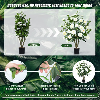 Lot de 2 camélias artificiels de 107 cm (42 pouces) avec 32 fleurs blanches épanouies, faux arbres à fleurs en pot pour la décoration de la maison, du bureau et de l'intérieur