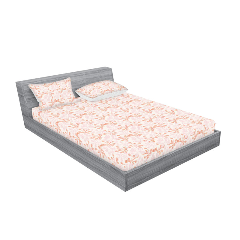 Ambesonne Fitted Sheet & Shams, Queen Sheet Set with 2 Pillowcases, Salmon Rose/Off White Flower