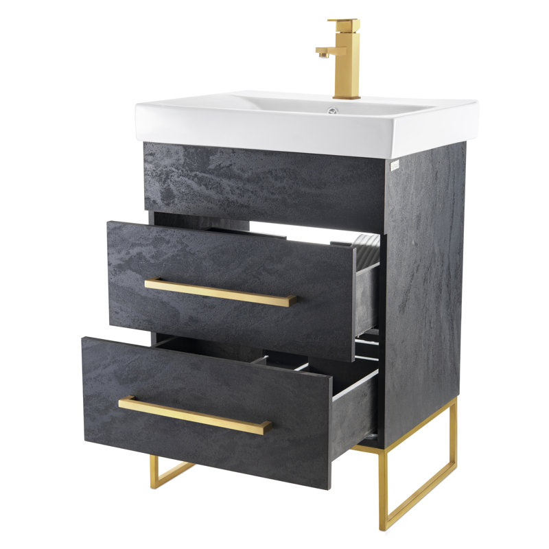 Ensemble de meuble-lavabo simple 24 po Taft Avenue, Marbre noir, Laiton satiné