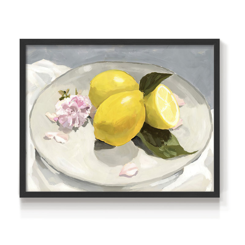 «Lemons on a Plate II», reproduction encadrée - Restickable, H 16 po x l 20 po, Noir, noir, noir, noir