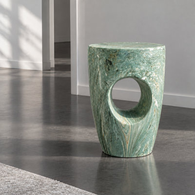 Table d'appoint ronde 19,18 pouces MgO avec découpe, finition en faux marbre vert, tabouret de jardin extérieur résistant aux intempéries et table de bout intérieure
