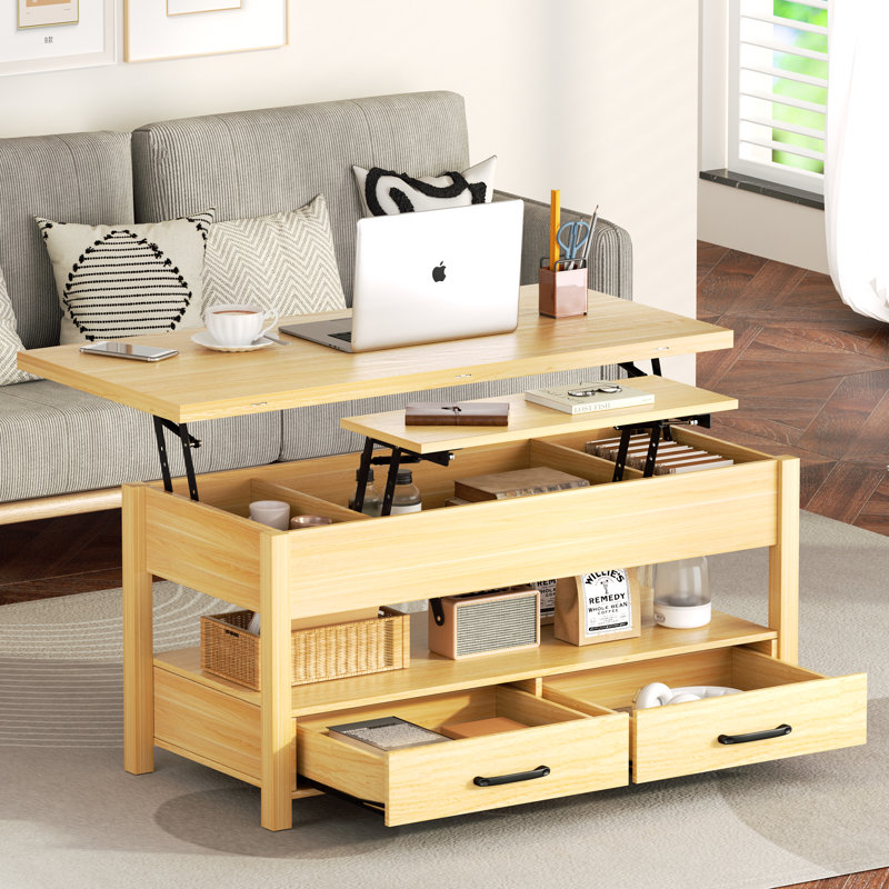 Lift Top Coffee Table, 3-in-1 Multifunctional Coffee Table with Drawers and Hidden Compartments