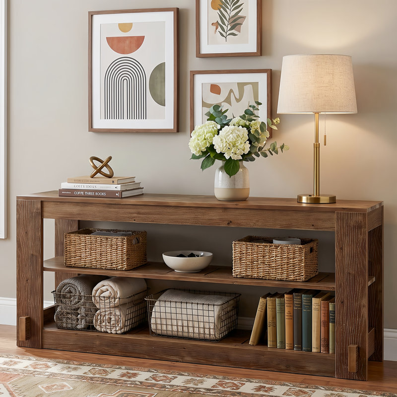 Console basse 63 po en bois massif, table de canapé d'entrée étroite avec tablettes de rangement à lattes, table d'appoint rustique pour petits espaces