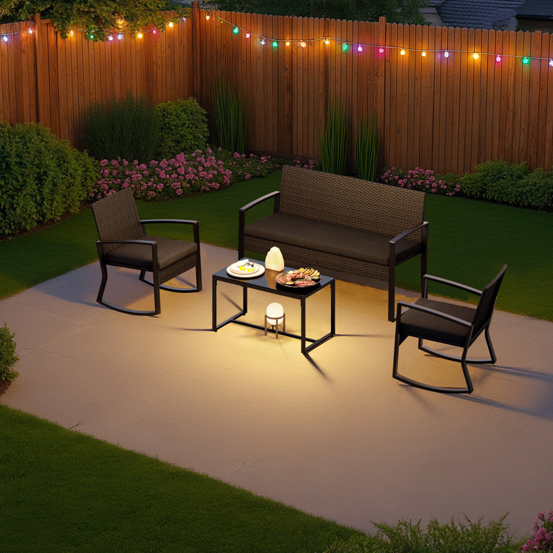 Ensemble de conversation de terrasse en osier pour 4 personnes avec coussins, causeuse, chaises berçantes et table basse