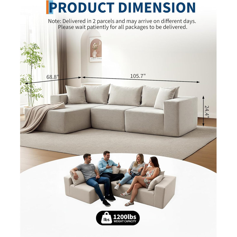 Canapé modulaire Soft 108 po avec lit en L modulaire et méridienne en velours côtelé sans assemblage pour le salon, beige