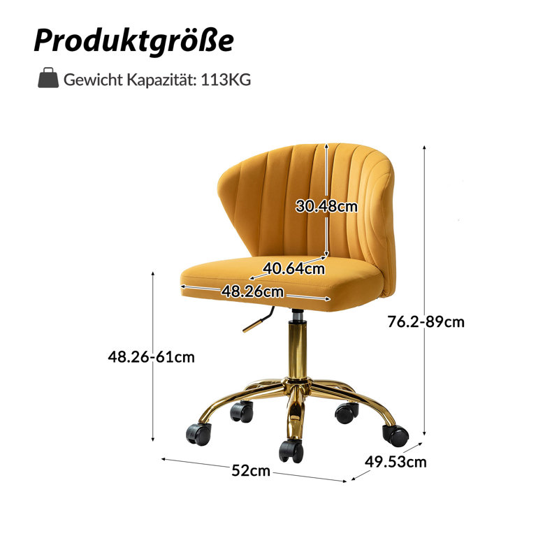 Petillo Swivel Velvet Office Task Chair with Adjustable Height and Padded Cushion, Mustard