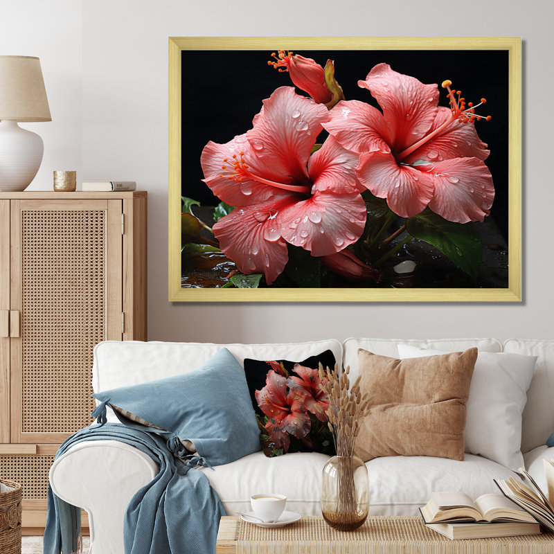 Hibiscus Romantic Impression V - Floral Wall Art Living Room, Encadrement doré, H 12 po x l 20 po x P 1 po