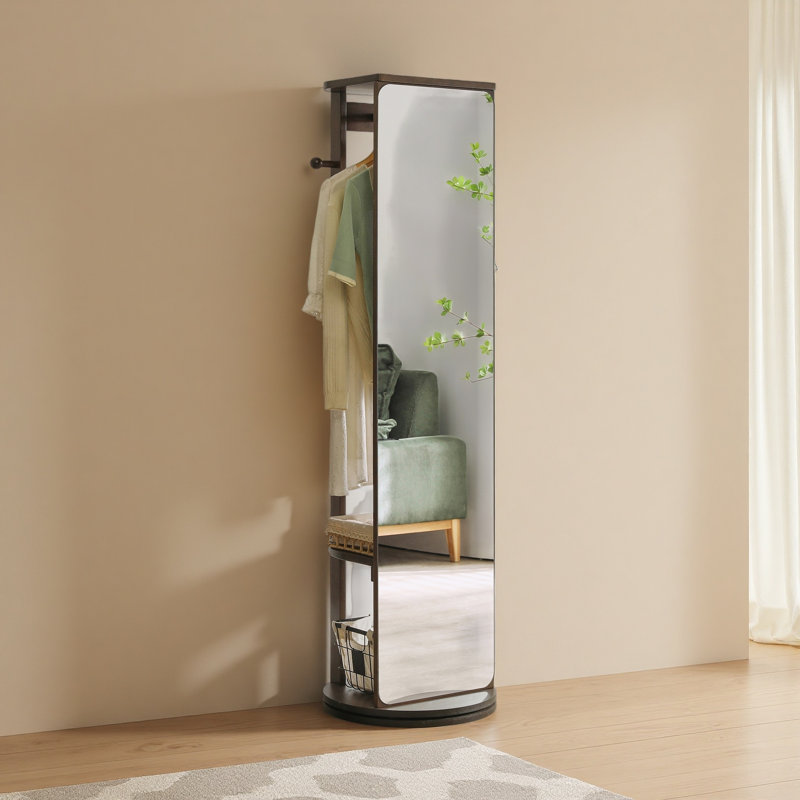 Armoire à miroir pleine grandeur en bois d'hévéa massif, armoire à bijoux autoportante avec crochets et tablettes multifonctionnels pour la chambre à coucher et le placard