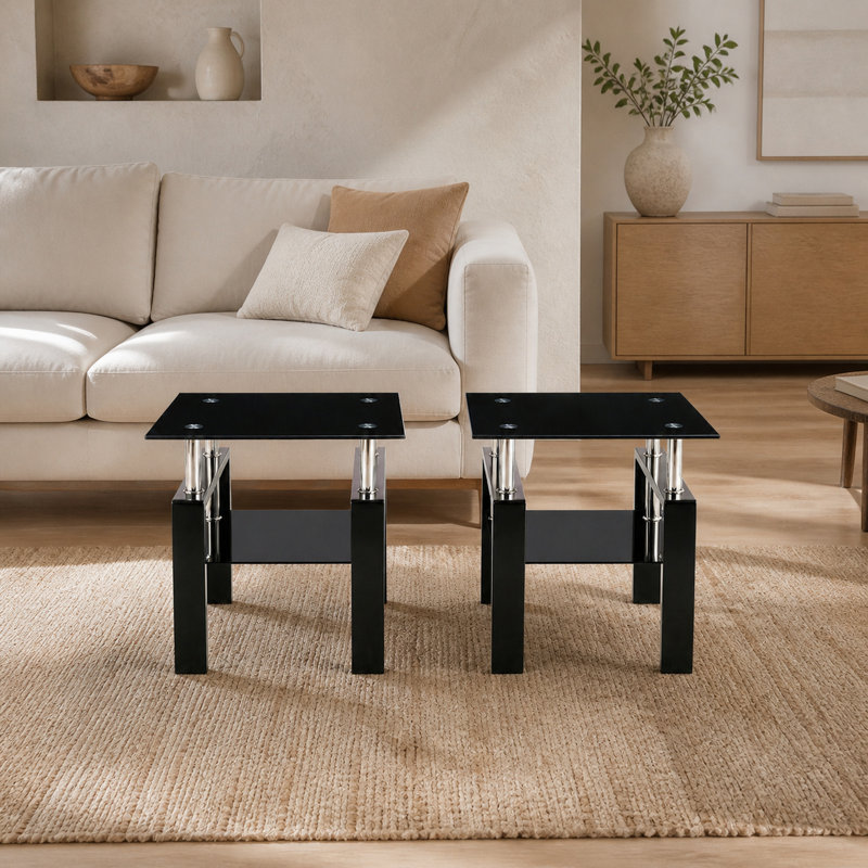 Ensemble de tables de bout carrées en verre noir à deux niveaux 20,5 pouces 2 pièces Sumdeal, 2