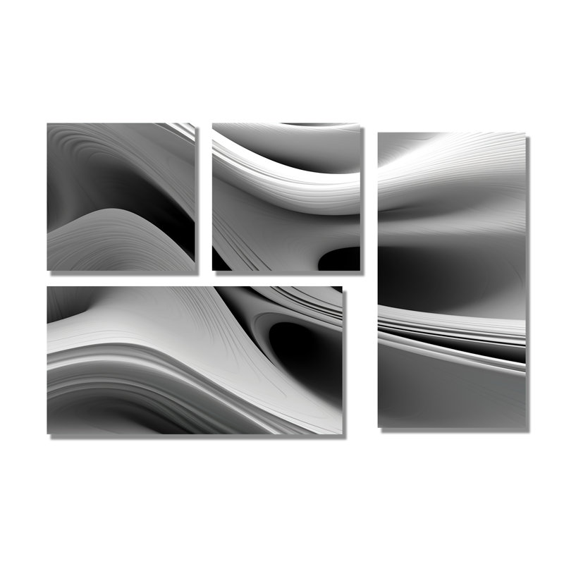 «White Black Infinite Ripples - Abstract Modern Waves», reproduction d'art sur toile 4 pièces, Toile tendue, Does Not Apply