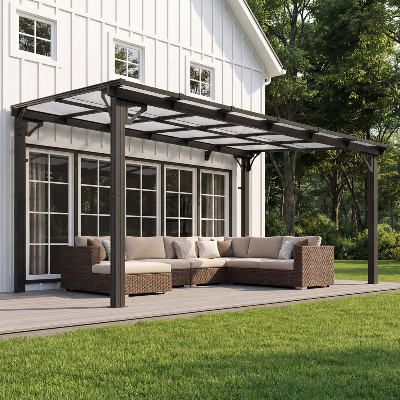 Wall-Mounted Aluminum Pergola, Modern Hardtop Gazebo with UV-Protected Polycarbonate Roof, 12x10