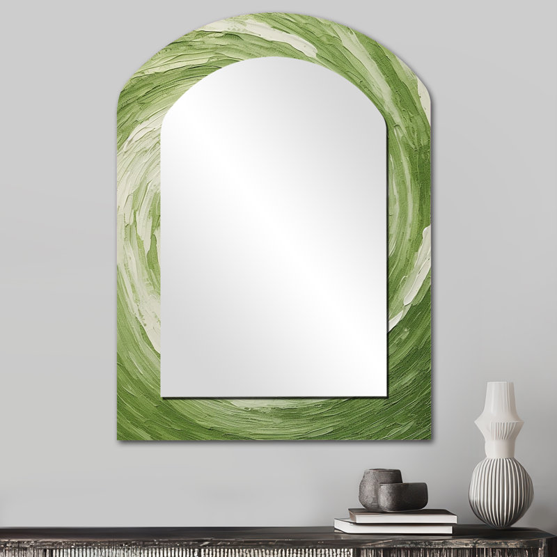 Green Serene Spiral Dreams III - Miroir mural asymétrique spirales abstraites, 34 po x 25 po