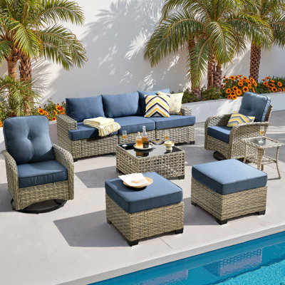 Wicker 7-Person Modular Outdoor Sectional Seating Group With Swivel Chairs And Cushions, Patio Conversation Set With Lighted Coffee Table