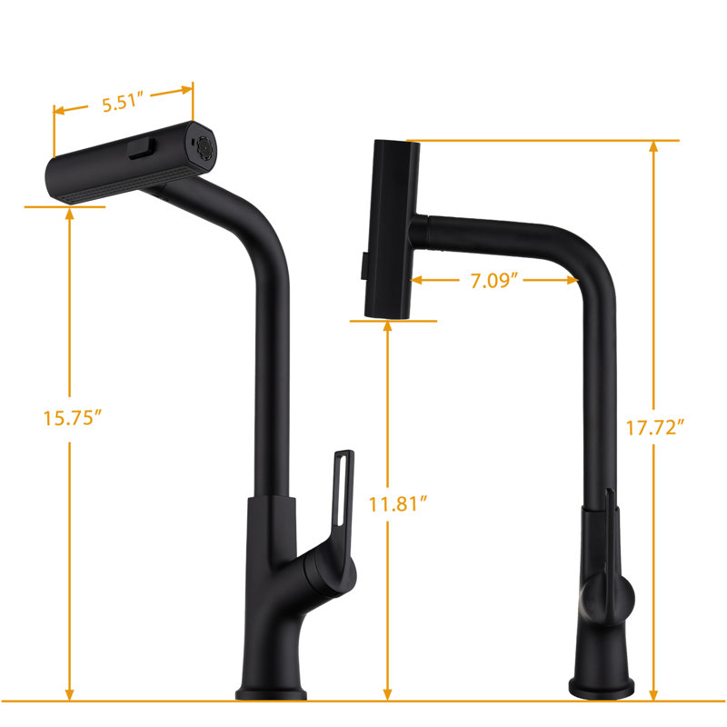 Kitchen Waterfall Faucet With Pull-Down Spray Head, Matte Black, Single Lever, Hot And Cold Water, Three Choices Sink Pull Down , Black Surface, 360 Turning, Handle, Modes