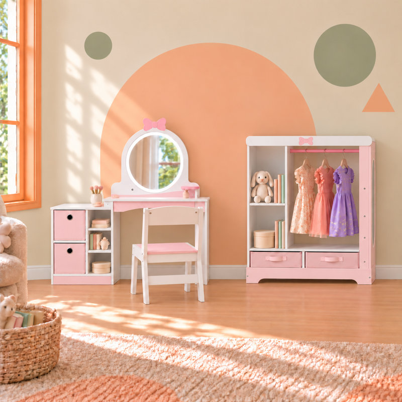 Armoire pour enfants de 34 po de largeur et ensemble de chaise de coiffeuse pour tout-petit 2 en 1 rose