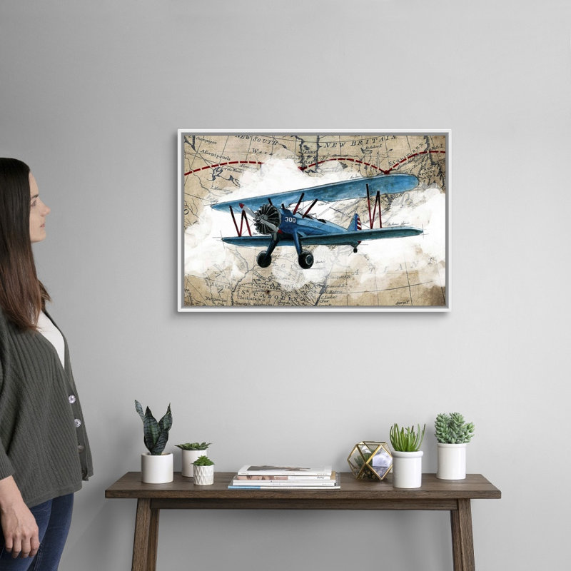 Biplane 1-impression d’art graphique sur toile, H 22 po x l 32 po x P 1,75po, Cadre blanc