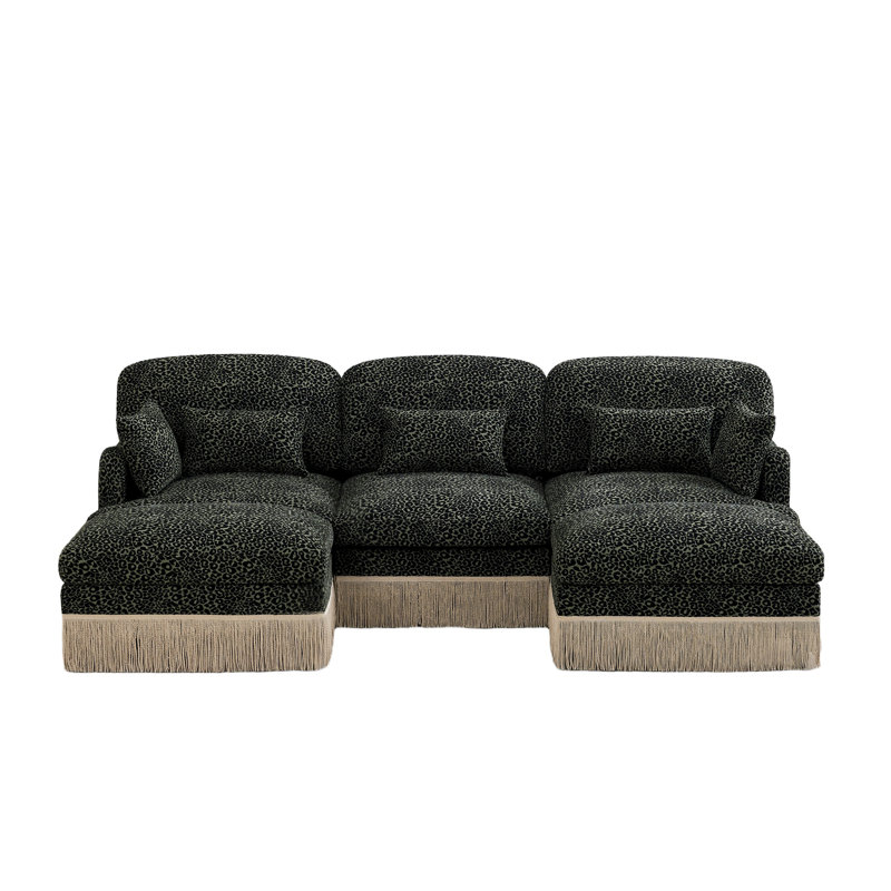 Canapé modulaire 100 po en forme de U avec sièges profonds, tissu en chenille à imprimé léopard et bordure à pampilles, vert