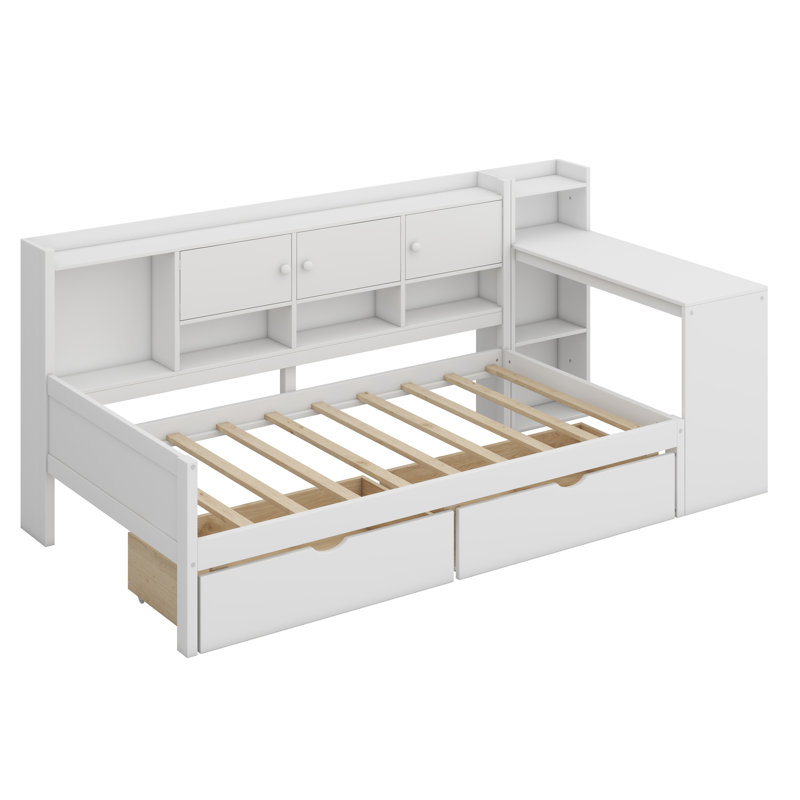 Wooden L-Shape Daybed With Storage Cabinets And Two Storage Drawers, Multi-Functional Bed With Study Desk And Built-In Bookshelf