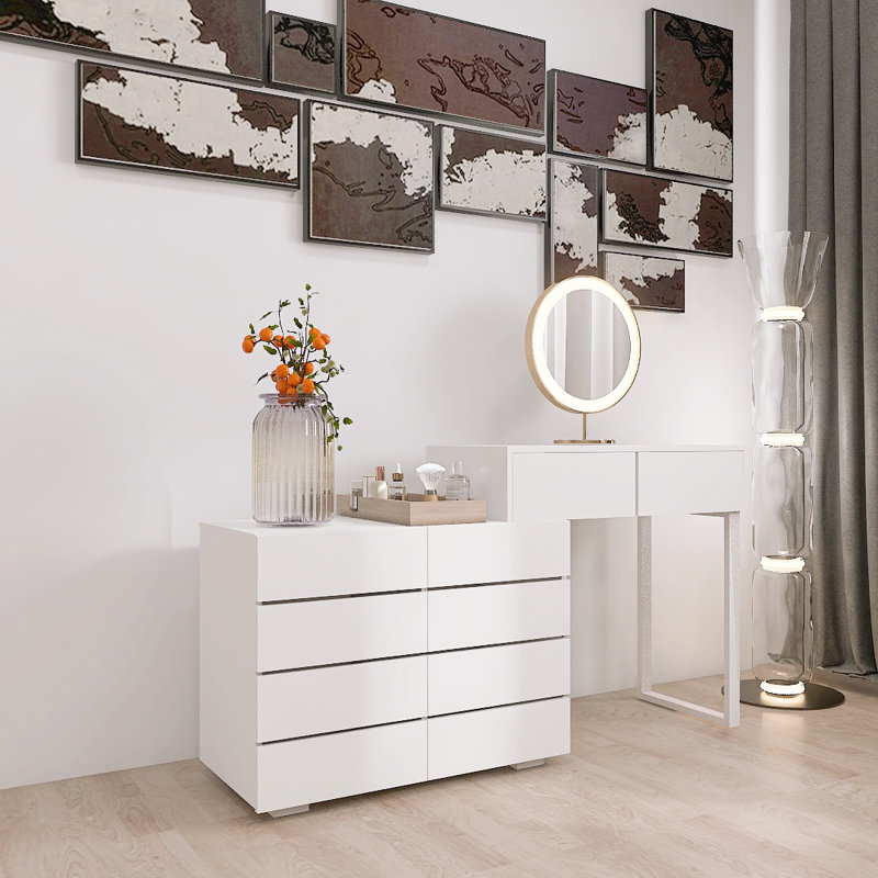 Extended Desktop 10 Drawers Chest Of Drawer Without Handle White Colour Vanity