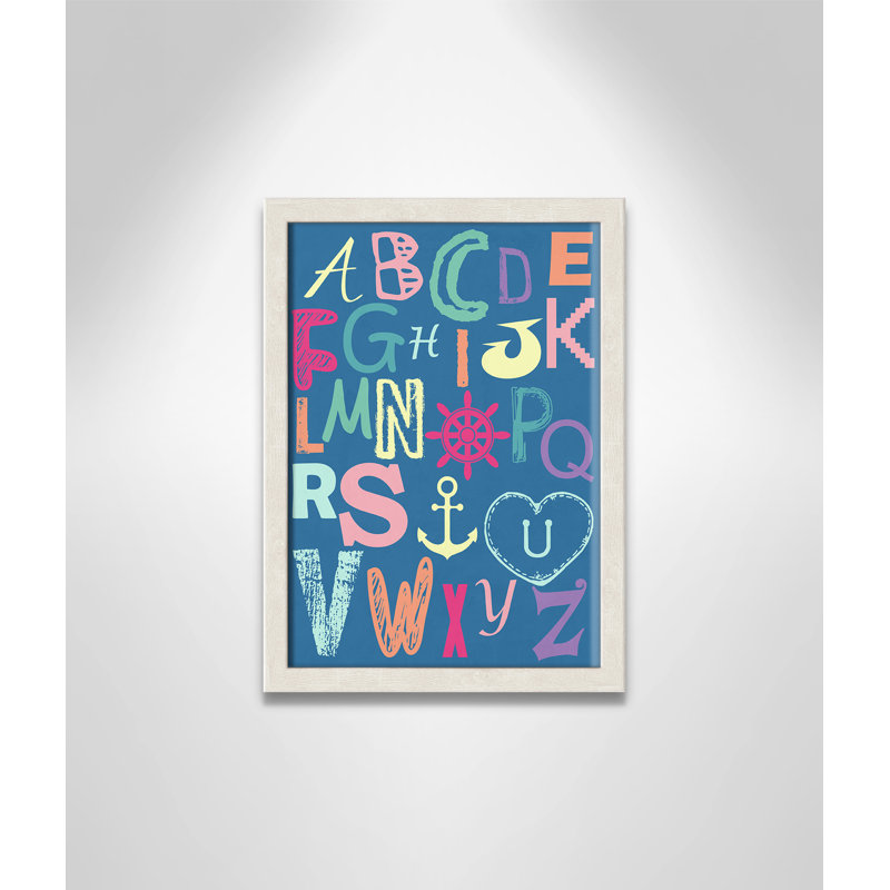Alphabet imprimé sur papier, H 14 po x l 10 po x P 1,18 po, Encadré de boîte à grain de bois blanc