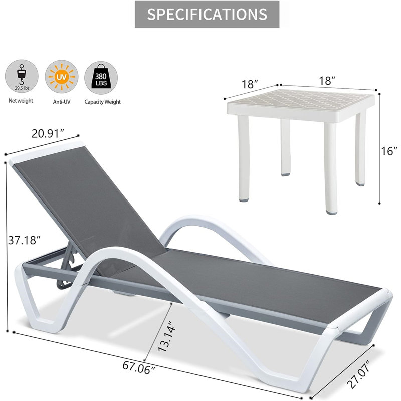 Patio Chaise Lounge Adjustable Aluminum Pool Lounge Chairs With Arm All Weather Pool Chairs For Outside, Gray