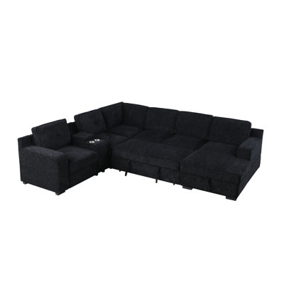 U-Shaped Upholstered Sectional with Sleeper Sofa, Console with USB & Chaise