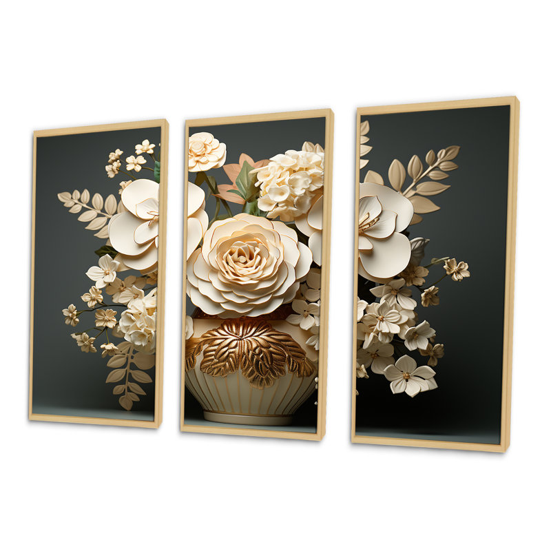 Ensemble d'hortensias baroque blanc et doré VI - Hydrangea, Cadre naturel flottant, H 28 po x l 36 po x P 1 po