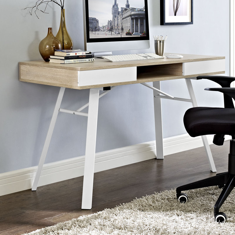White and Oak Trestle Base Writing Desk with Drawer