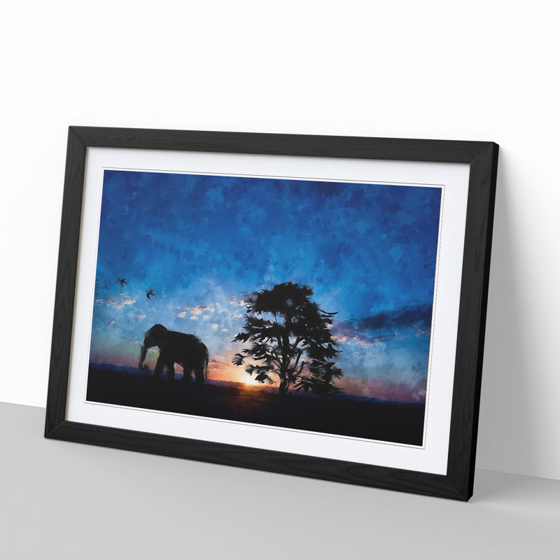 Elephant at Sunset - Framed Print, 27cm H x 36cm W x 2cm D, Black Framed