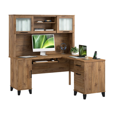Paelynn 60” L-Shaped Desk with Hutch and Storage, Corner Computer Office Desk, Modern Wood, Fresh Walnut