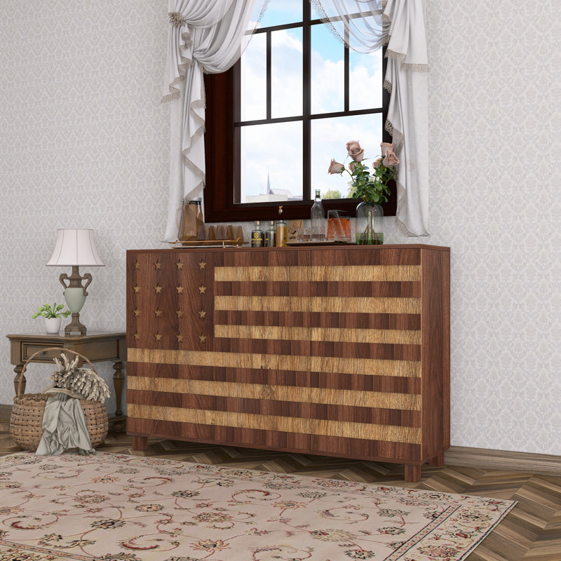 Sideboard Cabinet With Hand Carved Craftsmanship., Natural/Walnut