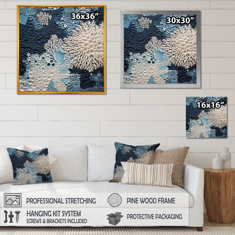 Under Water Blue And White Corals Collage - Coastal Wall Art, 24" H x 24" W, Wrapped Canvas, No Frame