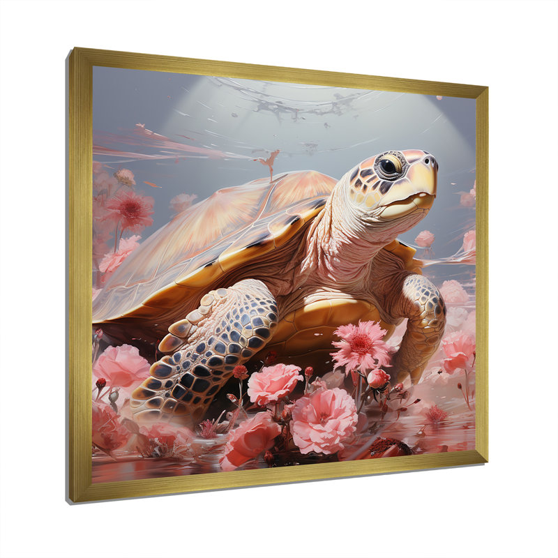 Tortue romantique sur toile, Cadre doré simple, H 24 po x l 24 po x P 1 po