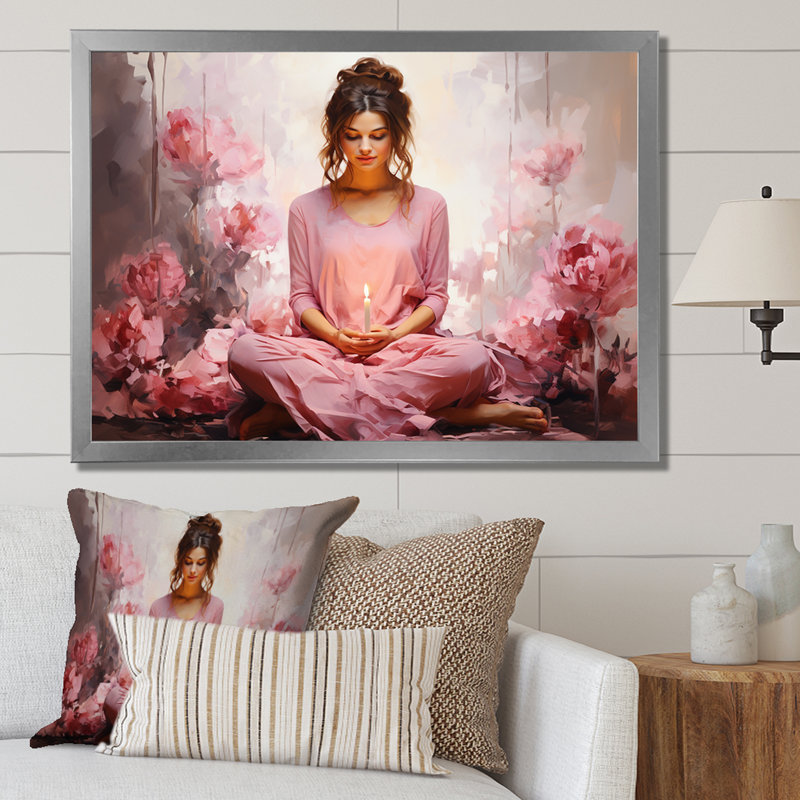 «Pink Yoga Mediation» sur impression sur toile, Cadre simple argenté, H 16 po x l 32 po x P 1 po