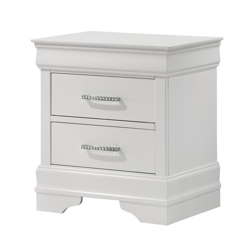 Table de chevet en bois massif moderne - blanc, 2 tiroirs avec décoration texturée et losangée pour chambre à coucher avec tiroir blanc