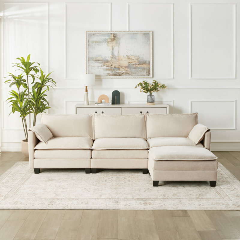 Spacieux canapé moderne avec rangement, velours côtelé beige, idéal pour le salon