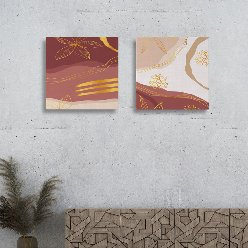 Stunning Decorative Canvas Painting Set (2 Pieces), Gold & Claret Red/Pink, 19.7 x 19.7 inches Each | 100% Canvas with 100% Wooden Frames | Perfect for Living Room, Bedroom, or Office Decor