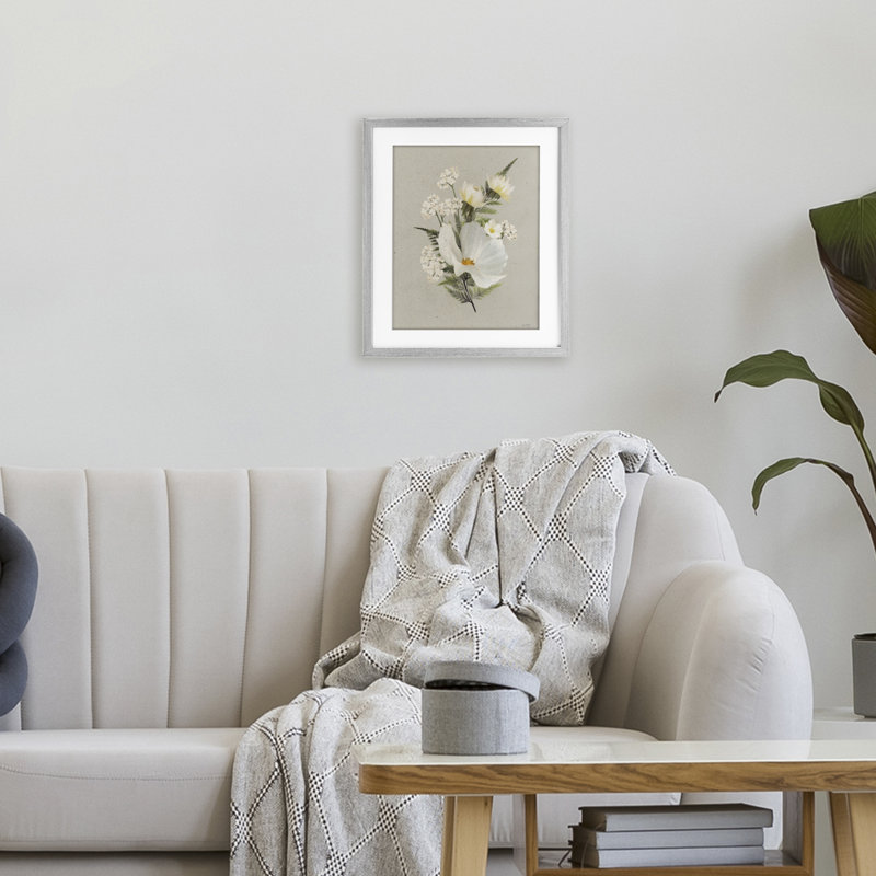 Papier fleurs blanches, reproduction encadrée sous verre, conception de House Fenway, Cadre de ferme gris, H 16 po x l 13 po