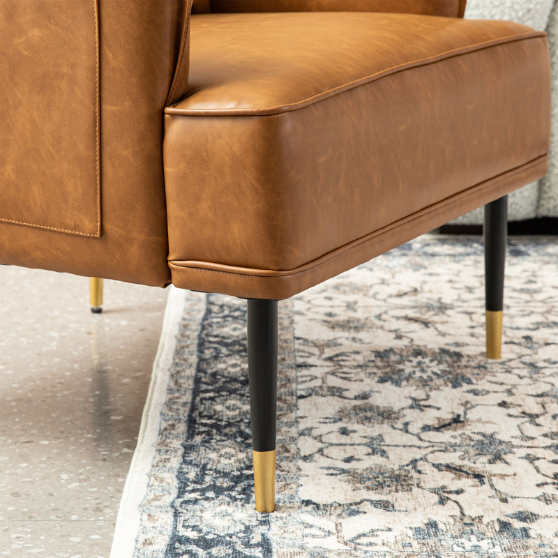 Fauteuil de style moderne du milieu du siÃ¨cle en simili cuir, avec pieds et poches latÃ©rales, Similicuir chameau