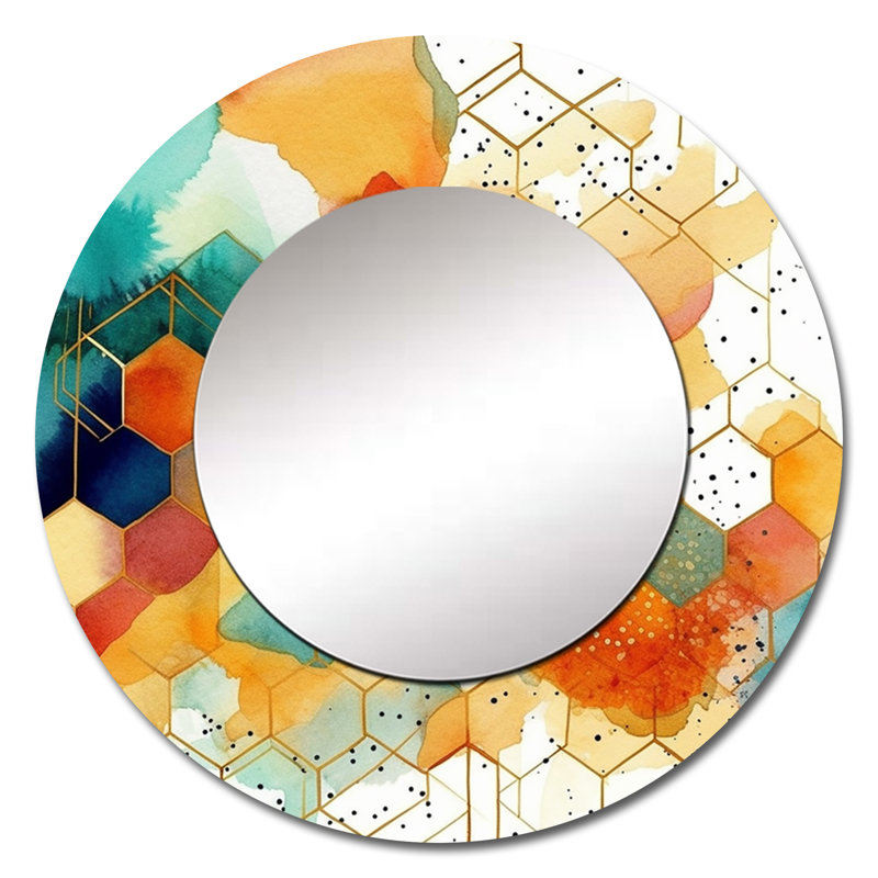 Colorfull Hexagone I - Abstract Shapes Large Wall Mirror, Modern Round Unique Mirror, Printed Metal Art, 29" x 29"