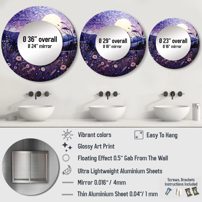 Shanecia lavande enchanteresse lavande pointillisme I - miroir décoratif champs lavande, miroir mural rond mauve, impression d'art en métal