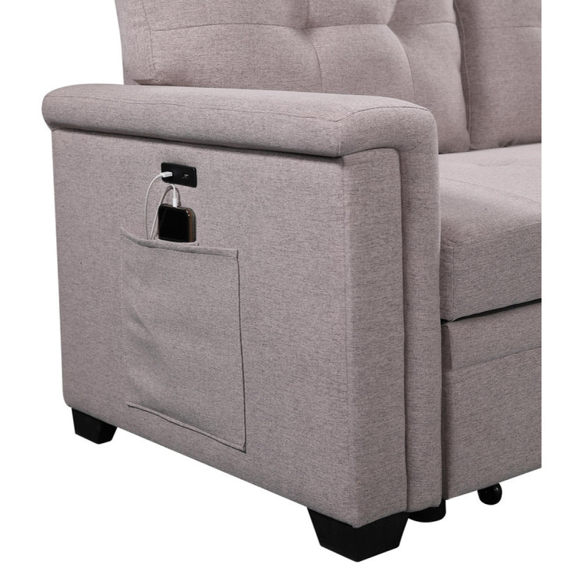 Ashlyn 84" Light Gray Reversible Sleeper Sectional Sofa With Storage Chaise, USB Charging Ports And Pocket