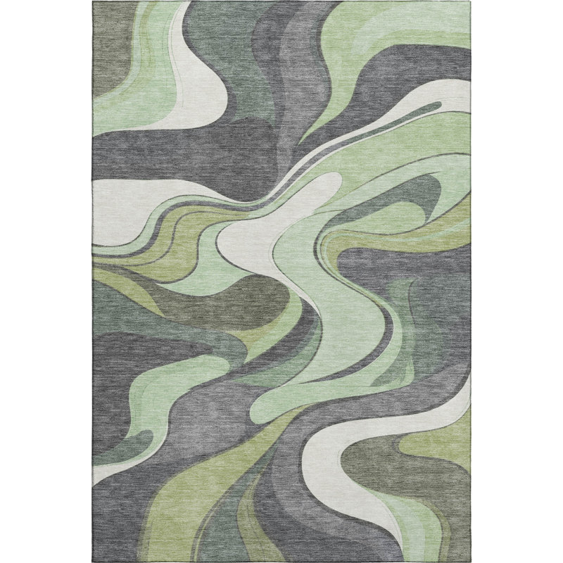 Premium Machine Washable Mayfield  swirls Rug, 3' x 5', Green