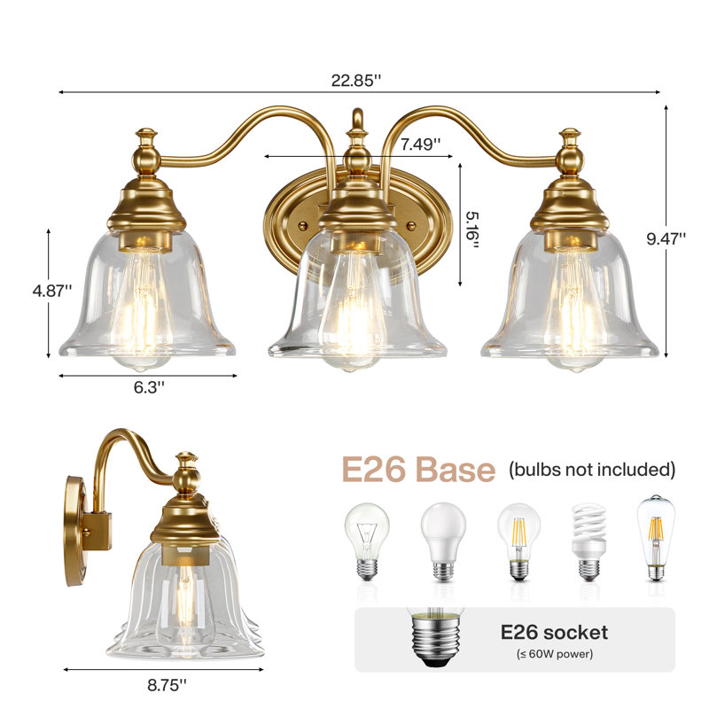 Luminaires de salle de bain 3 lumières modernes avec abat-jour en verre transparent, Doré