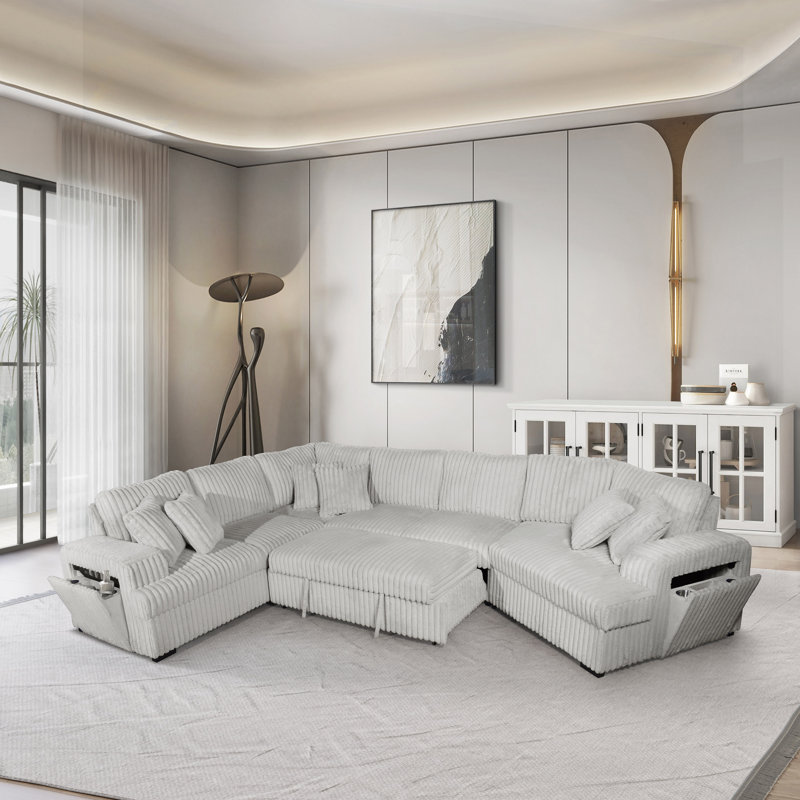 Chocolate RHF Corduroy Cuddler Half U-Shape Sectional With Pull Out Bed + Armrest Storage W/ USB + 6 Pillows