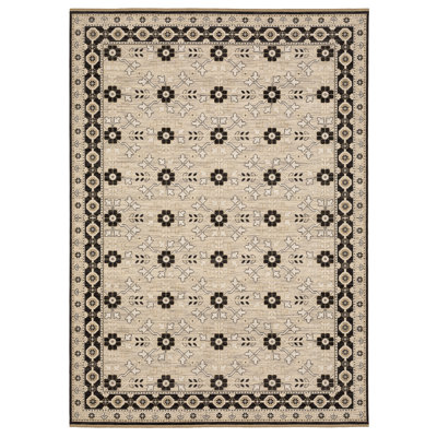 Abena Beige Black Floral Oriental Wool Rug