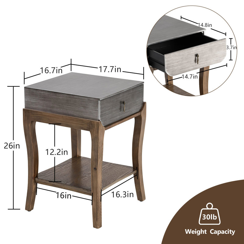 Table de bout avec tiroir et tablette Red Barrel Studio®, plateau gris argenté, Brun, Gris