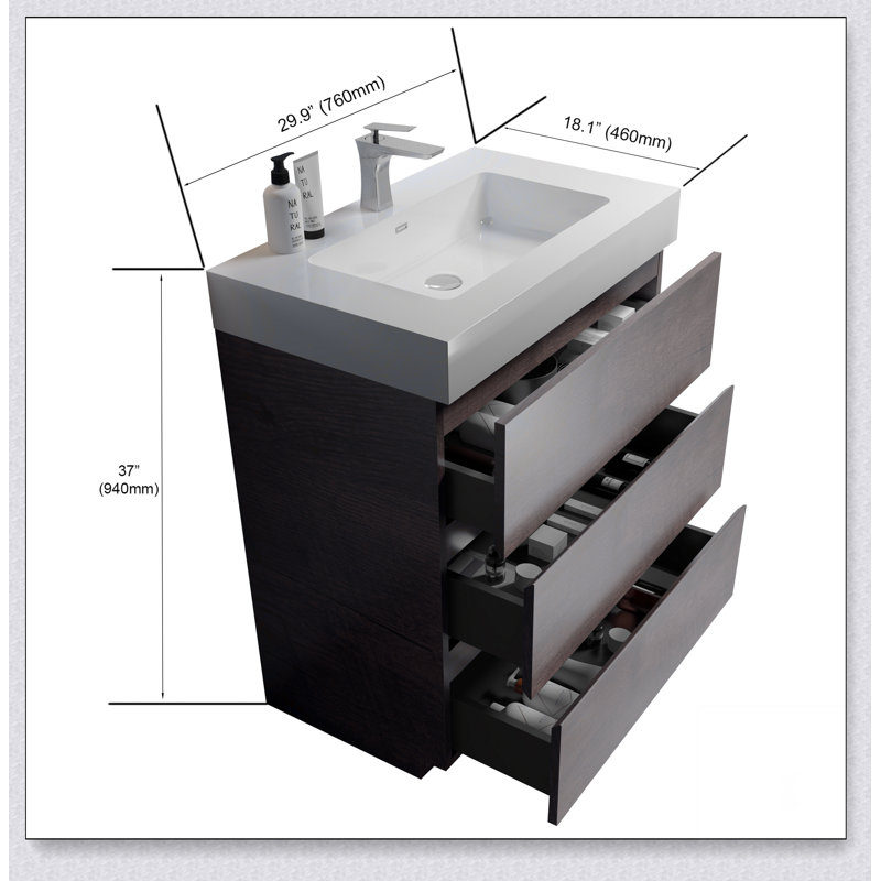 Meuble-lavabo autoportant avec grand lavabo et rangement, 30", Noyer, Blanc